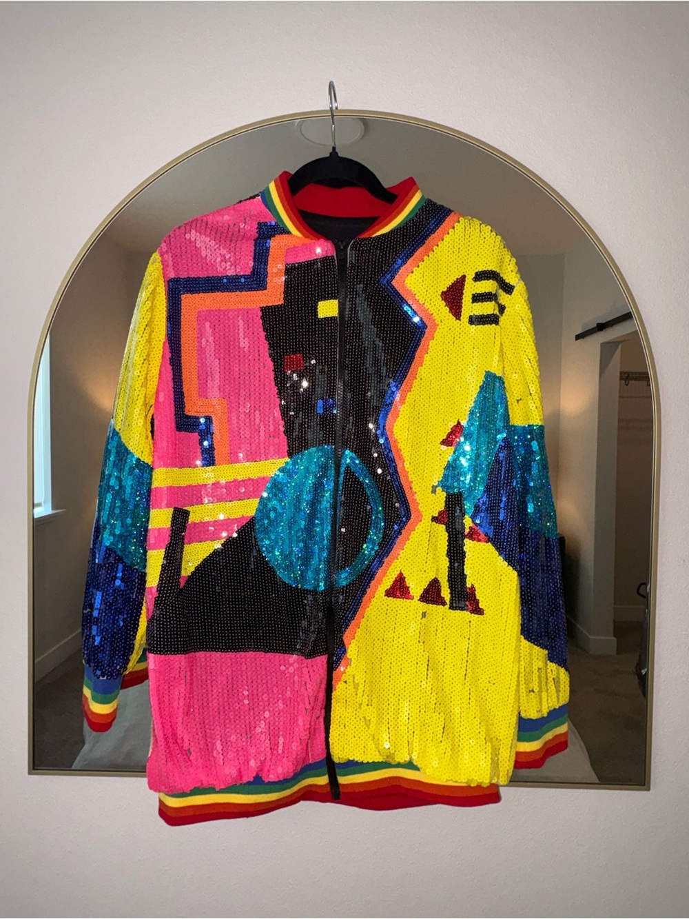 Multicolor Sequin Bomber Jacket - Vibrant Geo Pattern